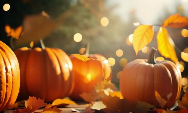 Pumpkins on a rustic wooden table, glowing softly in the warm light of bokeh fairy lights