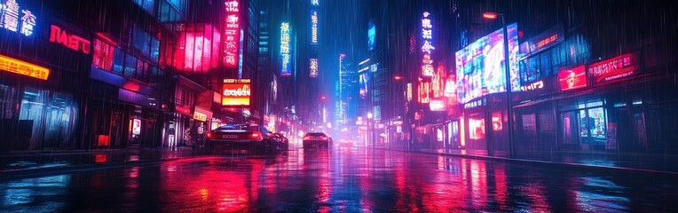 Obraz premium Cyberpunk City Streets with Neon Lights and Rainy Foggy Atmosphere