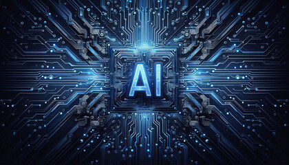 Elaborate AI chip design with neon blue highlights symbolizing advanced technology and innovation.
