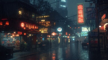 Fototapeta premium Cyberpunk City Streets with Neon Lights and Rainy Foggy Atmosphere