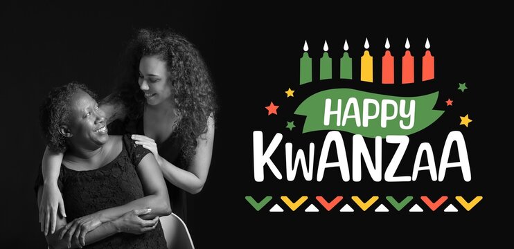 Festive banner for Happy Kwanzaa with African-American woman and her daughter