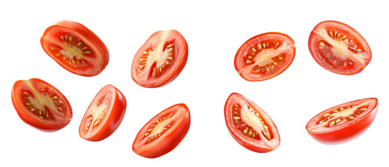 Tomato in slices flying on transparent background