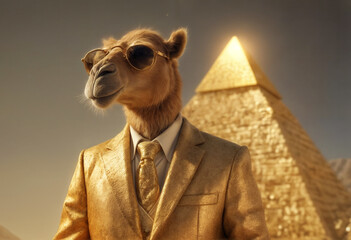 fashionable camel in sunglasses and a suit against the background of a pyramid of gold bars