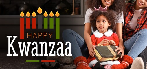 Festive banner for Happy Kwanzaa with African-American family with gift