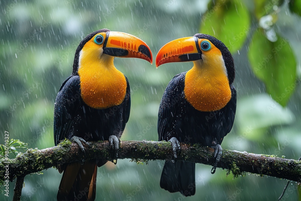 Wall mural Two toucans perched on a branch in the rain