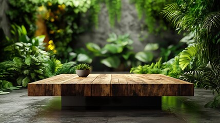 A sleek, minimalist coffee table crafted from reclaimed wood, surrounded by lush greenery