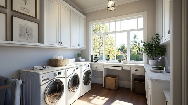 Laundry room in new custom built luxury home. Features sink, desk, and quartz counters and backsplash.