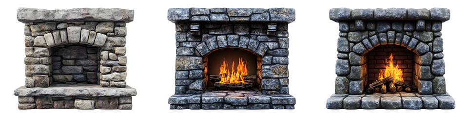 Set of  stone fireplace with fire on transparent background