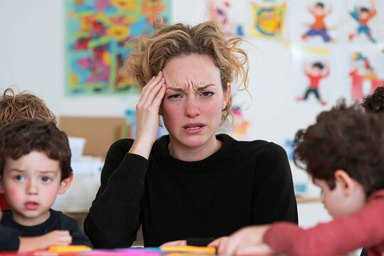 a stressed kindergarten teacher rubbing her temples while surrounded by chaotic, misbehaving children
