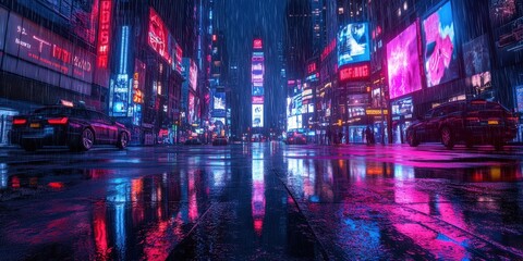 Obraz premium Cyberpunk City Streets with Neon Lights and Rainy Foggy Atmosphere