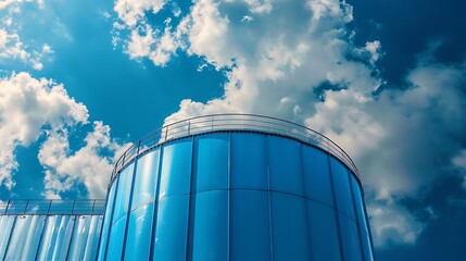 Industrial water tank with blue sky and white clouds