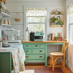Creative Sanctuary: Craft Room with Sewing Machine in a Bright Cheerful Setting