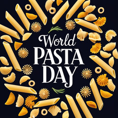 Variations of pasta and "World Pasta Day" text on black chalkboard
