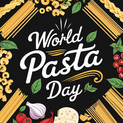 "World Pasta Day" text on black chalkboard and variations of pasta and macaroni