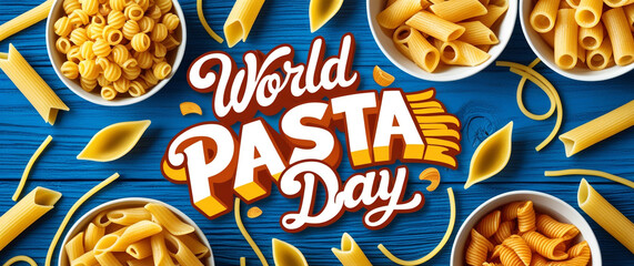Celebrating World Pasta Day: Various Pasta Types on Vibrant Blue Background