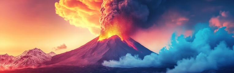 Volcano eruption with colorful smoke and ash clouds