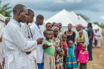 Healthcare workers provide essential medical support to children in an African field hospital during a community health initiative