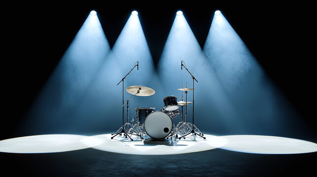 a drum kit on an empty stage, dramatically lit with a single spotlight