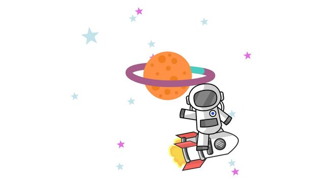A cute astronaut cartoon character riding a rocket on a Saturn planet animation. Seamless looping. Alpha channel