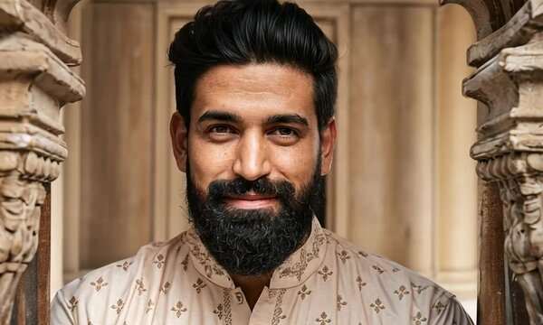 South Asian man with a well-groomed beard, wearing a traditional kurta, looking directly at the camera with a slight smile.