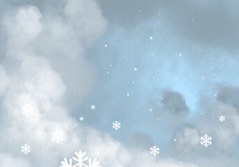 Serene Snowflake Dance in a Softly Lit Blue Cloudscape Background