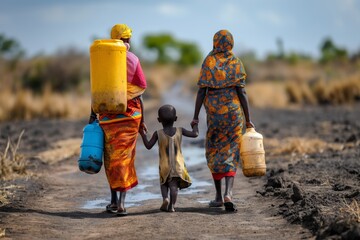 A mother and child walking along a dusty path in Africa while carrying containers for water and food amidst the challenges of poverty