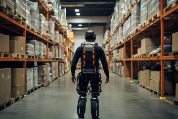 Worker with Exoskeleton Suit in Warehouse