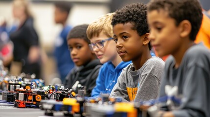 Children Engaged in Hands On STEM Learning and Robotics in Classroom