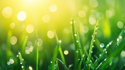 Obraz premium Dewdrop Symphony, an enchanting display of shimmering dewdrops on lush green grass, evoking the essence of a fresh morning in a clean, minimalist setting.