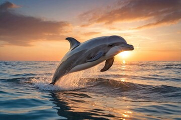 Fototapeta premium Dolphin Leaping Playfully Out of the Ocean at Sunrise: A dolphin captured mid-leap as it arches gracefully out of the calm ocean water during the early morning hours.