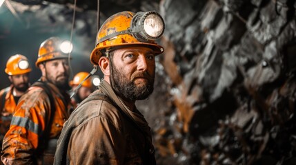group of miners watching the camera in a mine