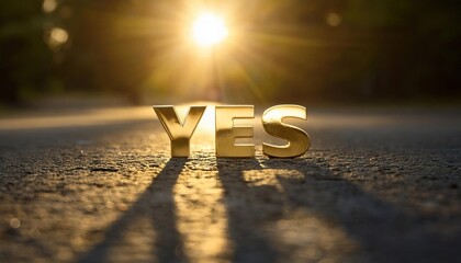 Golden 'YES' Sculpture Against Sunlight