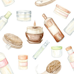Body brushes and cosmetics. Seamless Pattern. Watercolor Clip Art The illustration is hand drawn in pastel colors. Suitable for card designs, textiles and scrapbooking.