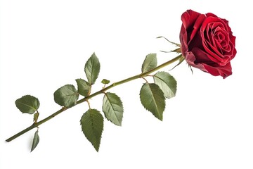 Obraz premium Red rose flower with clipping path, side view. Beautiful single red rose flower on stem with leaves isolated on white background. NaturÐµ object for design to Valentines Day, mothers day, ai