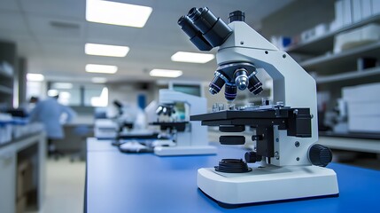 Modern Microscope on a Blue Table in a Laboratory Setting