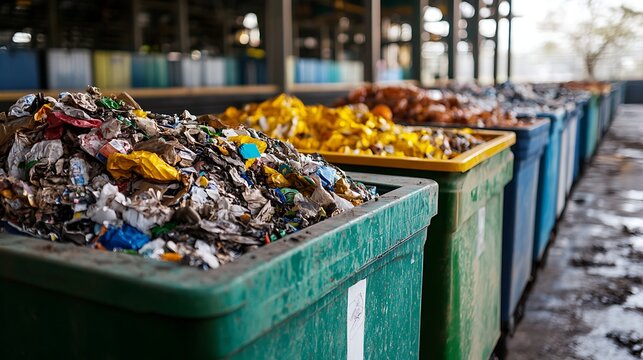 Waste segregation bins for separating recyclable and non-recyclable industrial materials in the facility.
