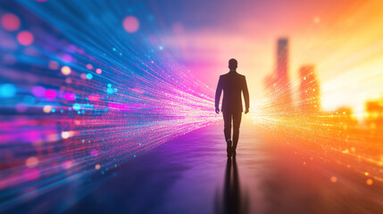 A silhouette of man walking on vibrant path of light and ideas.