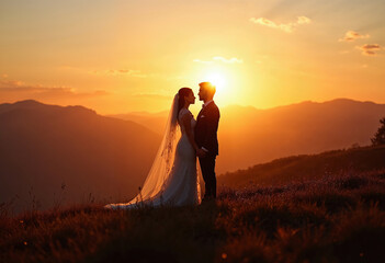 Bride and Groom Silhouette at Mountain Sunset: A newly married couple stands together on a hilltop, silhouetted against a vibrant orange and gold sunset sky.