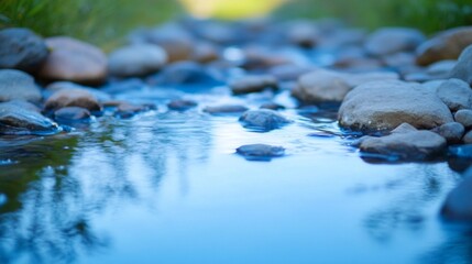 Twilight Reflections, a serene stream mirroring soft evening colors, embodies tranquility in a minimalist setting, emphasizing clarity and peacefulness in nature.