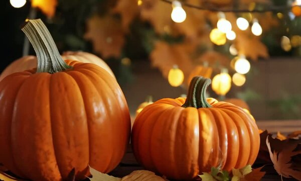 Pumpkins on a rustic wooden table, glowing softly in the warm light of bokeh fairy lights