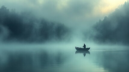 A solitary figure in a boat amidst a misty, tranquil lake.