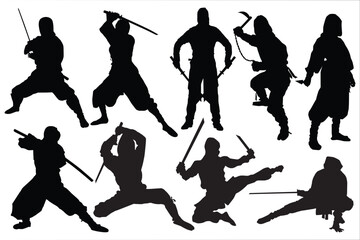 Japanese Ninja Holding Katana Silhouette Action Pose Vector. Combat-ready ninja silhouette. Ninja Weapon silhouette. Ninja silhouette isolated on white background. Ninja fighter shadow. Ninja mascot. © Mr. Beekeeper