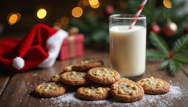 Christmas Cookies and Milk: A glass of milk and cookies arranged on a wooden surface, accompanied by Christmas decorations. The image includes a Santa hat, gift box, and pine branches.