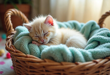 Obraz premium Cozy Kitten Nap: A cream-colored kitten sleeps peacefully in a wicker basket, nestled in a soft turquoise blanket. The image captures a serene domestic scene, one of comfort, relaxation, and pet care.