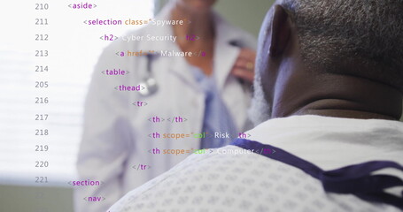 Image of data processing over biracial male patient talking with doctor