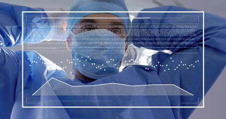 Image of data processing over caucasian male surgeon wearing face mask
