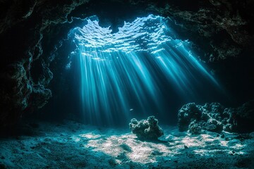 Obraz premium Underwater Cave with Sunlight Beams Illuminating the Sandy Seabed