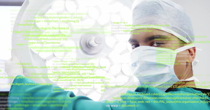 Image of data processing over biracial male surgeon in operating room