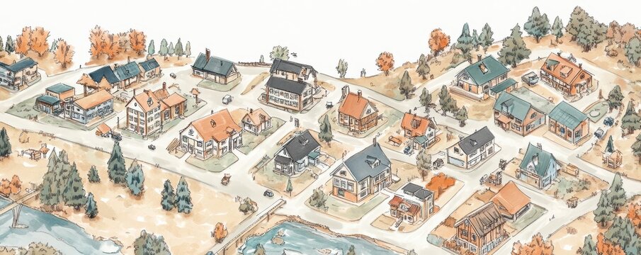 Community resource map, detailed topdown view, handdrawn sketch style, isolated on white background