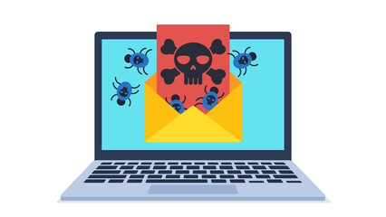 Graphic of an open email envelope on a laptop screen. A skull virus document and computer worms emerge from the envelope. Illustration in flat design style. 
